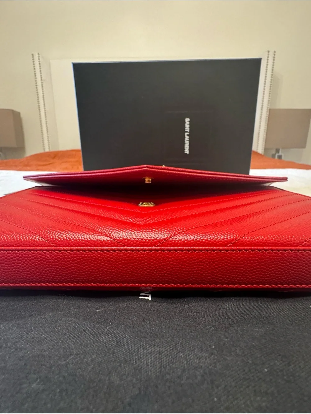 Saint Laurent Red Quilted Leather Envelope Wallet with Gold YSL